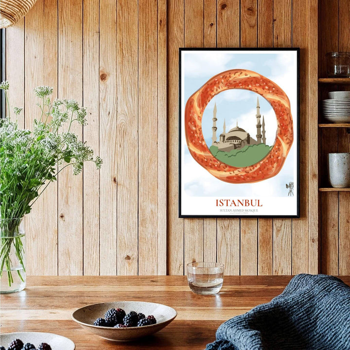 Turkey food travel print showing Istanbul Blue Mosque in an innovative sesame simit frame vector graphic style. Handcrafted by MapYourDreams, this artwork is available in flexible options including unframed paper, custom wooden frames, and gallery canvas wraps for gallery wall displays.