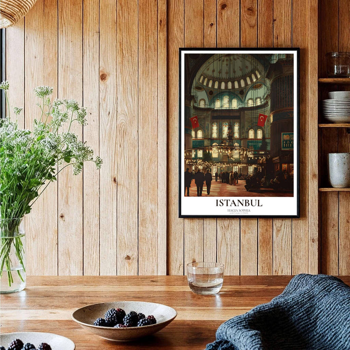 Symmetrical fine art print of historic Hagia Sophia interior in Istanbul showing dome calligraphy and marble floor reflections. Curated by MapYourDreams, this artwork is available in flexible options including unframed paper, custom wooden frames, and gallery canvas wraps tailored for interior design.