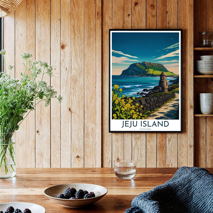 Charming Asian ocean landscape poster depicting Jeju Island, South Korea, with Seongsan Ilchulbong in the background and a paved stone pathway cutting across volcanic cliffs. Offered by MapYourDreams, this artwork is available in flexible options including unframed paper, custom wooden frames, and gallery canvas wraps.