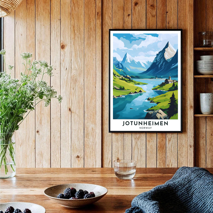 Modern Scandinavian travel poster featuring bold typography for Jotunheimen Norway with a scenic mountain lake landscape. Perfect for minimalist room layouts, choose from custom framed presentation options, unframed fine art paper prints, or premium canvas wraps to complete your gallery wall.