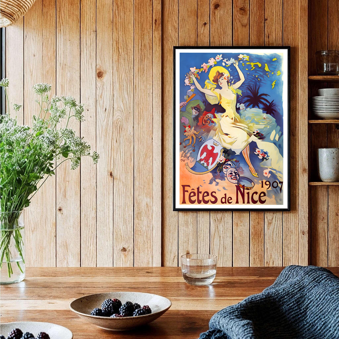 Vintage French lithograph wall art print Fêtes De Nice by artist Jules Chéret created for the annual carnival of Nice France on the French Riviera. MapYourDreams delivers archival framed, unframed paper, and gallery canvas prints.