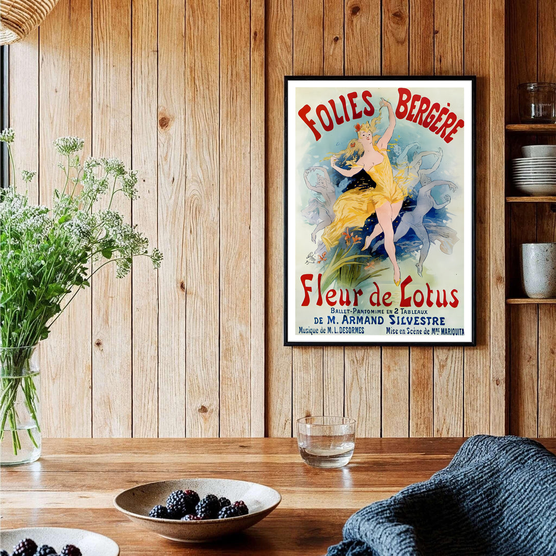 Historic French ballet canvas print Folies Bergère Fleur De Lotus by artist Jules Chéret illustrating a dancer in a yellow gown in Paris France. Order custom framed, unframed paper, or textured canvas print options from MapYourDreams.