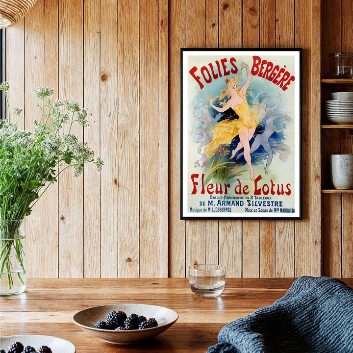Historic French ballet canvas print Folies Bergère Fleur De Lotus by artist Jules Chéret illustrating a dancer in a yellow gown in Paris France. Order custom framed, unframed paper, or textured canvas print options from MapYourDreams.