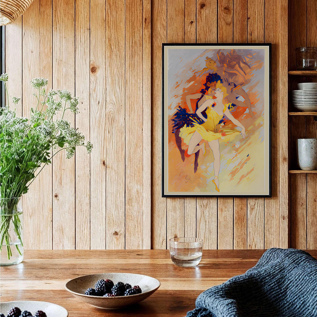 Authentic 1891 Paris exhibition poster La Danse by artist Jules Chéret featuring pastel coral accents in Paris France. Shop high-definition framed, unframed, and canvas art print choices at MapYourDreams.