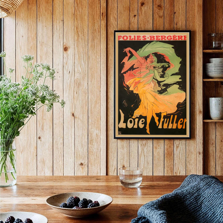Historic French dance canvas print Loïe Fuller Folies Bergère by artist Jules Chéret illustrating a dancer in a coral veil in Paris France. Order custom framed, unframed paper, or textured canvas print options from MapYourDreams.