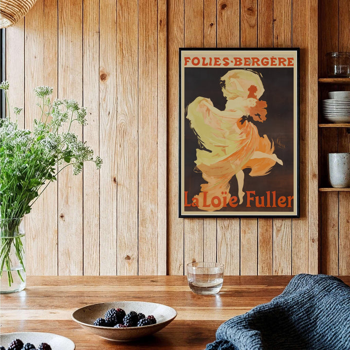 Historic French dance canvas print La Loïe Fuller Folies Bergère by artist Jules Chéret illustrating a dancer in an apricot dress in Paris France. Order custom framed, unframed paper, or textured canvas print options from MapYourDreams.