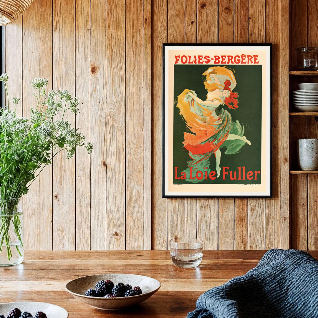 Authentic 1893 Paris theater exhibition poster Folies Bergère La Loïe Fuller by artist Jules Chéret featuring vermilion red lettering in Paris France. Shop high-definition framed, unframed, and canvas art print choices at MapYourDreams.