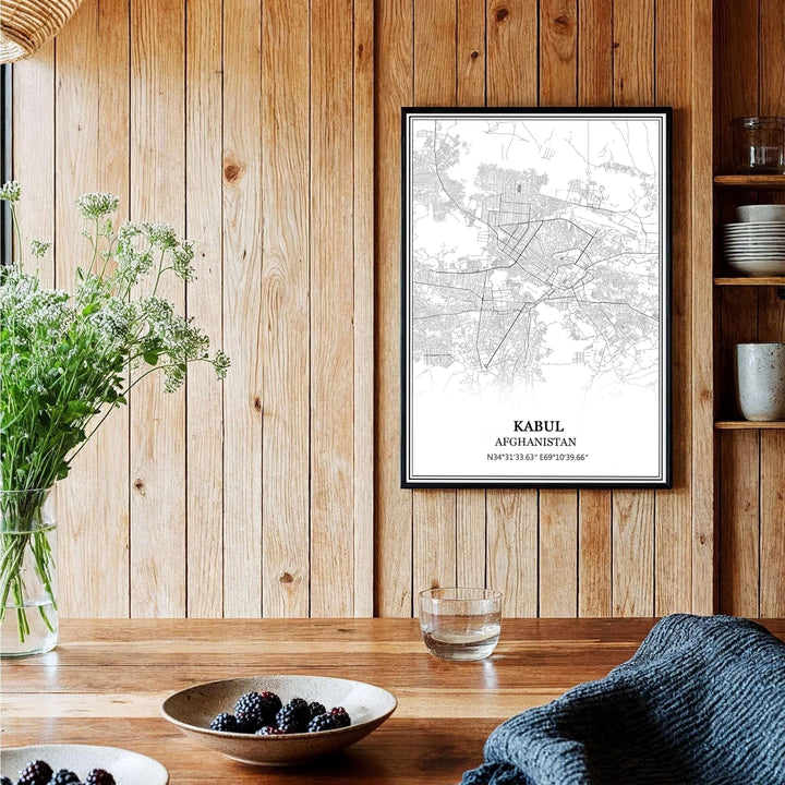Elegant cartography poster of Kabul Afghanistan featuring clean geographic vector lines and serif headline typography, provided by MapYourDreams as an unframed print, ready to hang gallery canvas, or custom framed art print in pure gold frames for executive desk setups and study rooms.