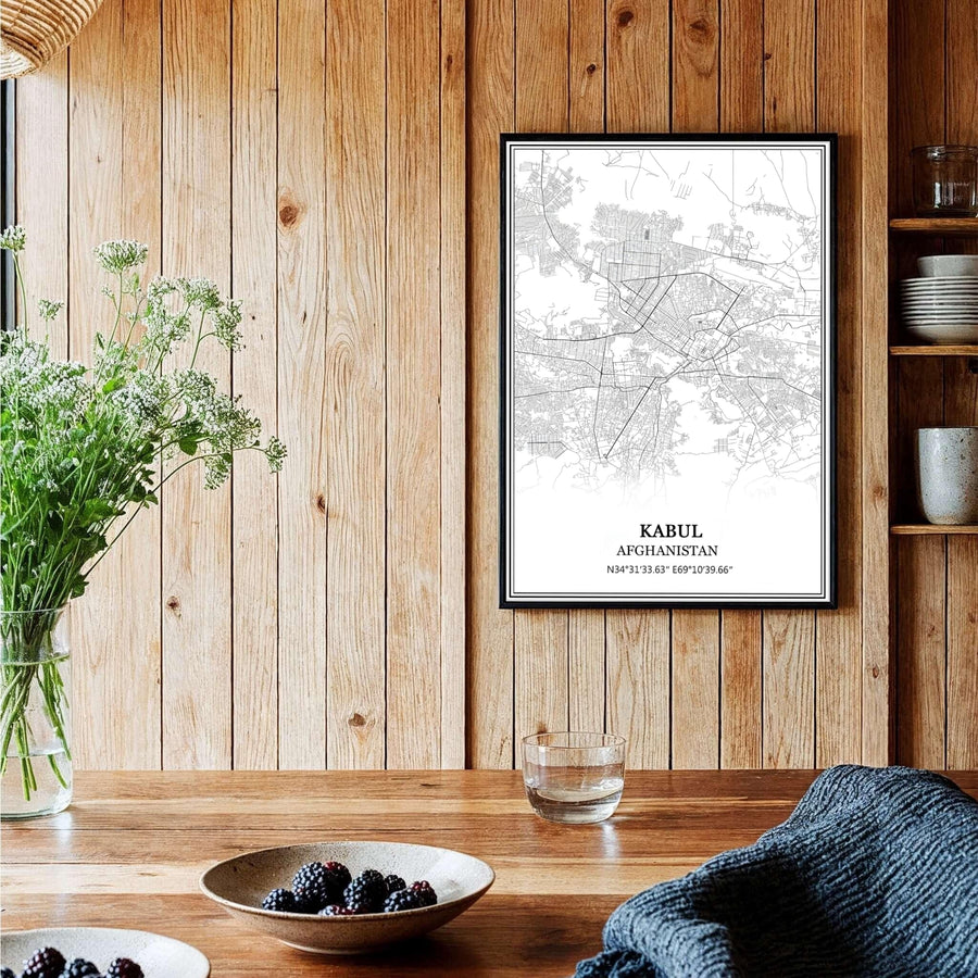 Elegant cartography poster of Kabul Afghanistan featuring clean geographic vector lines and serif headline typography, provided by MapYourDreams as an unframed print, ready to hang gallery canvas, or custom framed art print in pure gold frames for executive desk setups and study rooms.