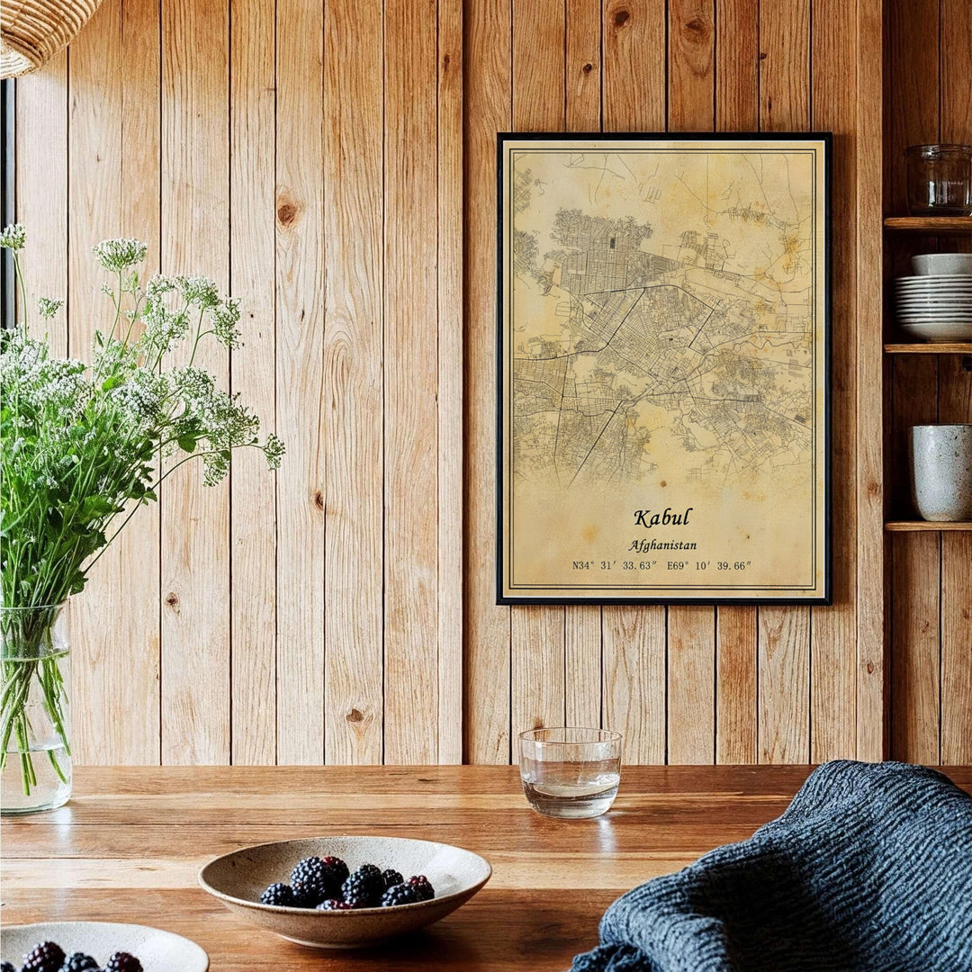 Parchment line art map poster of Kabul Afghanistan highlighting central city avenues and local road grids, presented by MapYourDreams as an unframed paper print, gallery canvas wall decor, or custom framed wall art in grey and black frames for entryway wall arrangement.