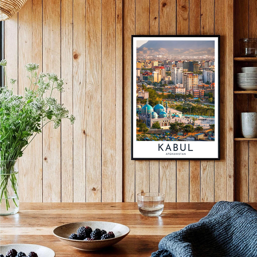 Fine art photograph poster of Kabul Afghanistan displaying city buildings, local streets, and majestic background mountains, provided by MapYourDreams as an unframed print, stretched canvas wall art, or custom framed print in pure gold frames for executive desk setups and study rooms.