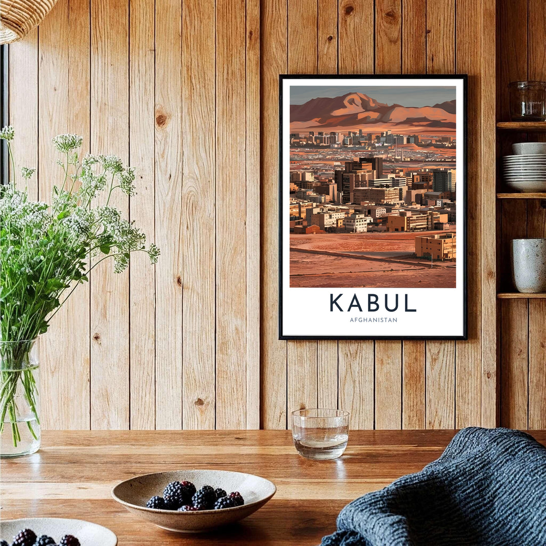 Warm earthy cityscape poster of Kabul Afghanistan showcasing clean graphic design and mountain backdrops, presented by MapYourDreams as an unframed paper print, gallery canvas wall decor, or custom framed wall art in grey and black frames for dining room wall arrangement.