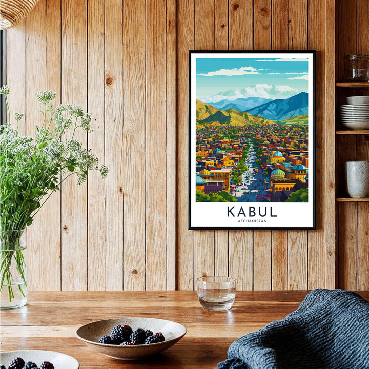 Fine art vintage poster of Kabul Afghanistan displaying city avenue views and rugged background Hindu Kush mountains, provided by MapYourDreams as an unframed print, stretched canvas wall art, or custom framed print in pure gold frames for executive desk setups and study rooms.