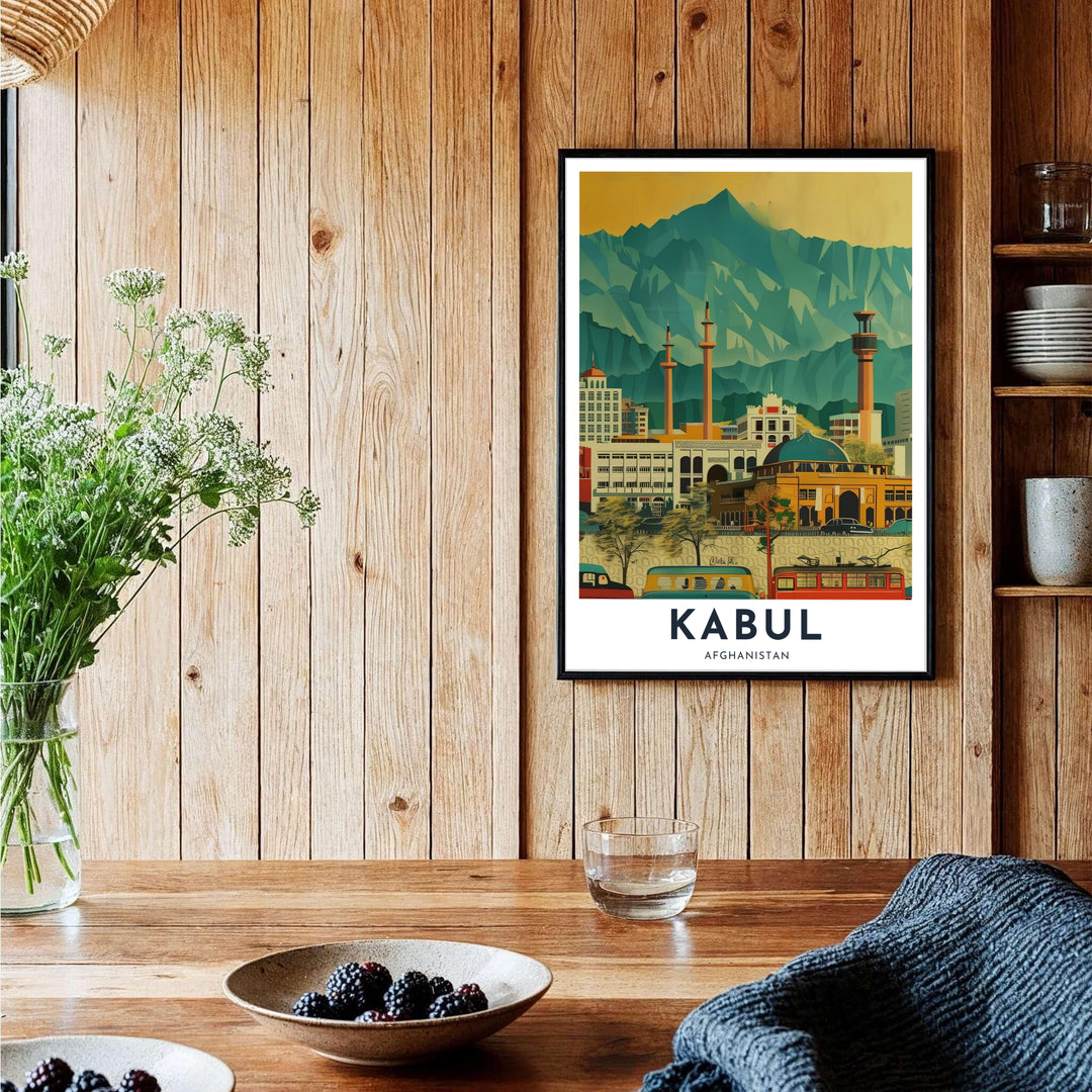 Vintage cityscape artwork of Kabul, Afghanistan, displaying grand mosque towers, lush green trees, and classic architectural details. Crafted by MapYourDreams as an unframed art print, a stretched canvas wall decor item, or a framed wall print in pure gold and silver frames to elevate your entryway layout.