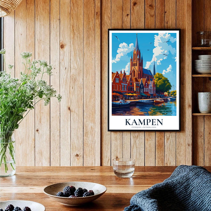 Detailed graphic illustration of Kampen Overijssel Netherlands depicting historic church architecture and river reflections, provided by MapYourDreams with format choices like unframed paper prints, gallery canvas, or custom frame finishes in natural wood, gold, and bronze tones.