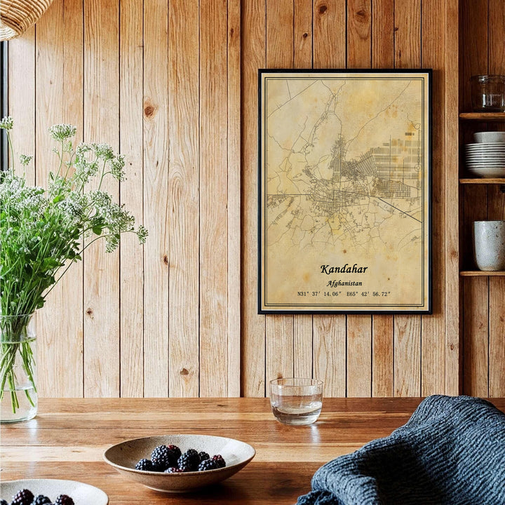Fine art antique street map poster displaying central avenues and surrounding regions of Kandahar, Afghanistan, with precise coordinate lettering. Provided by MapYourDreams as an unframed print, a stretched canvas wall art piece, or a custom framed print in a pure gold frame for executive desk decor.