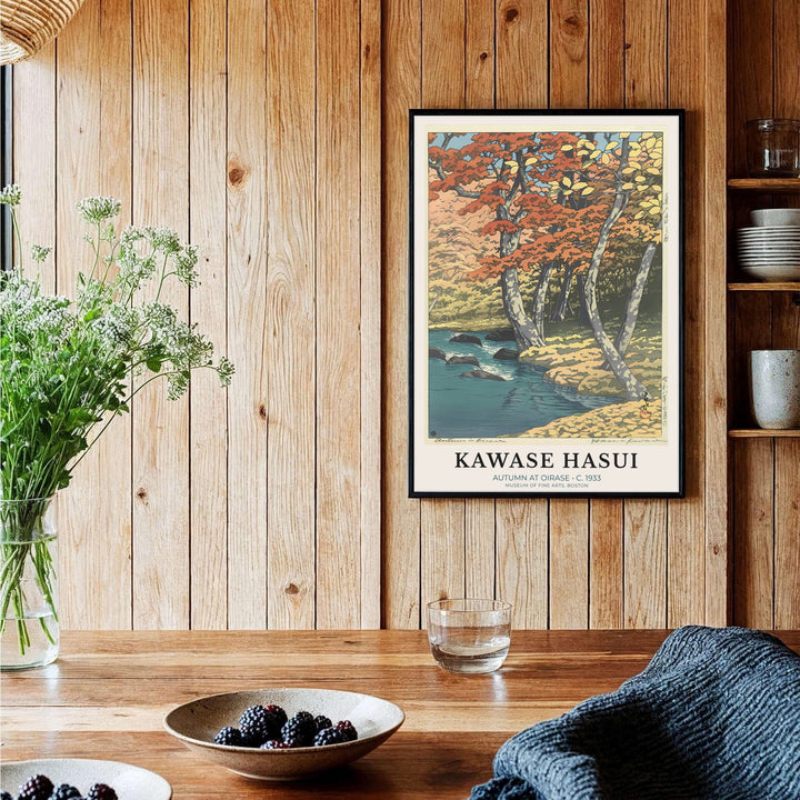 Authentic Japanese Shin-hanga print Autumn at Oirase artwork by artist Kawase Hasui referencing autumn views at Oirase Mountain Stream. Order custom framed, unframed paper, or textured canvas print options from MapYourDreams.