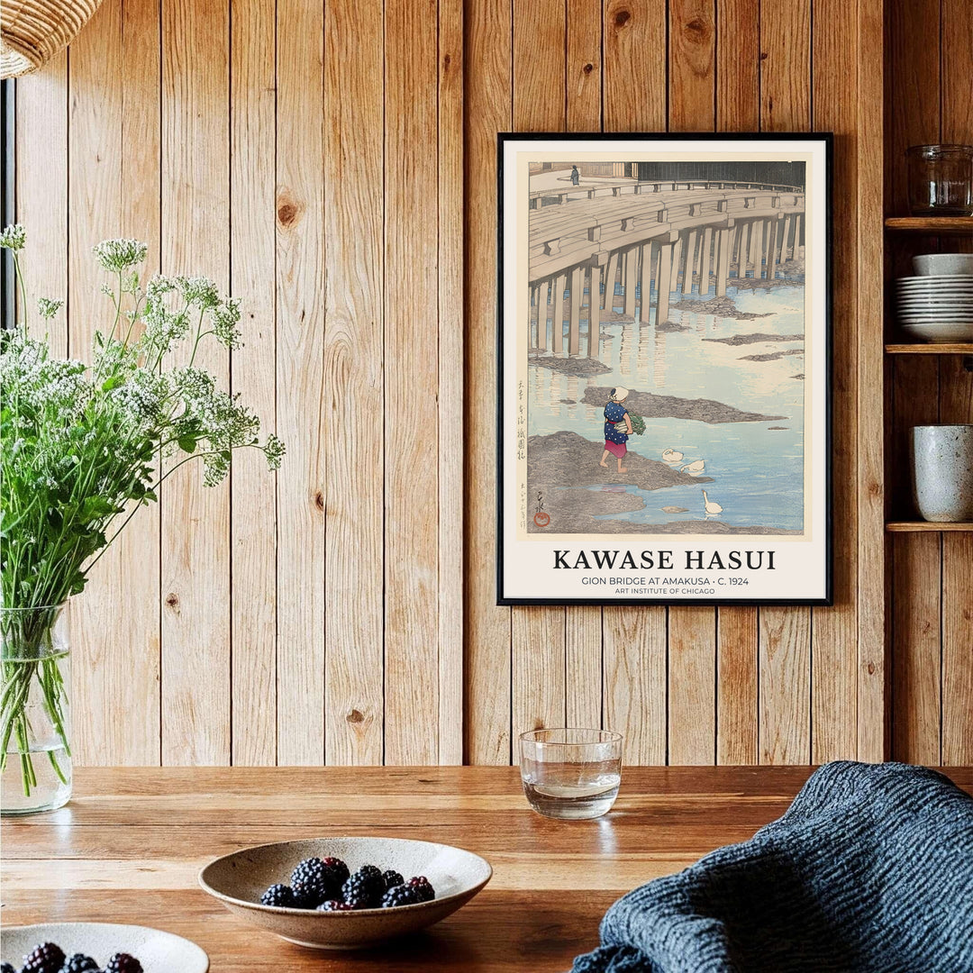 Authentic Japanese Shin-hanga print Gion Bridge at Amakusa artwork by artist Kawase Hasui referencing historic stone bridges at Gion Bridge in Amakusa. Order custom framed, unframed paper, or textured canvas print options from MapYourDreams.