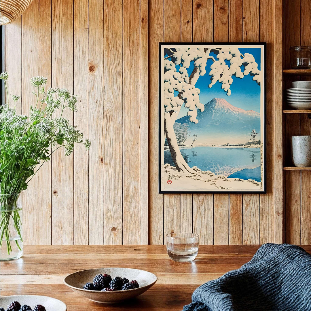 Authentic Japanese Shin-hanga print Lake Kawaguchi artwork by artist Kawase Hasui referencing sacred Mount Fuji views at Lake Kawaguchi. Order custom framed, unframed paper, or textured canvas print options from MapYourDreams.