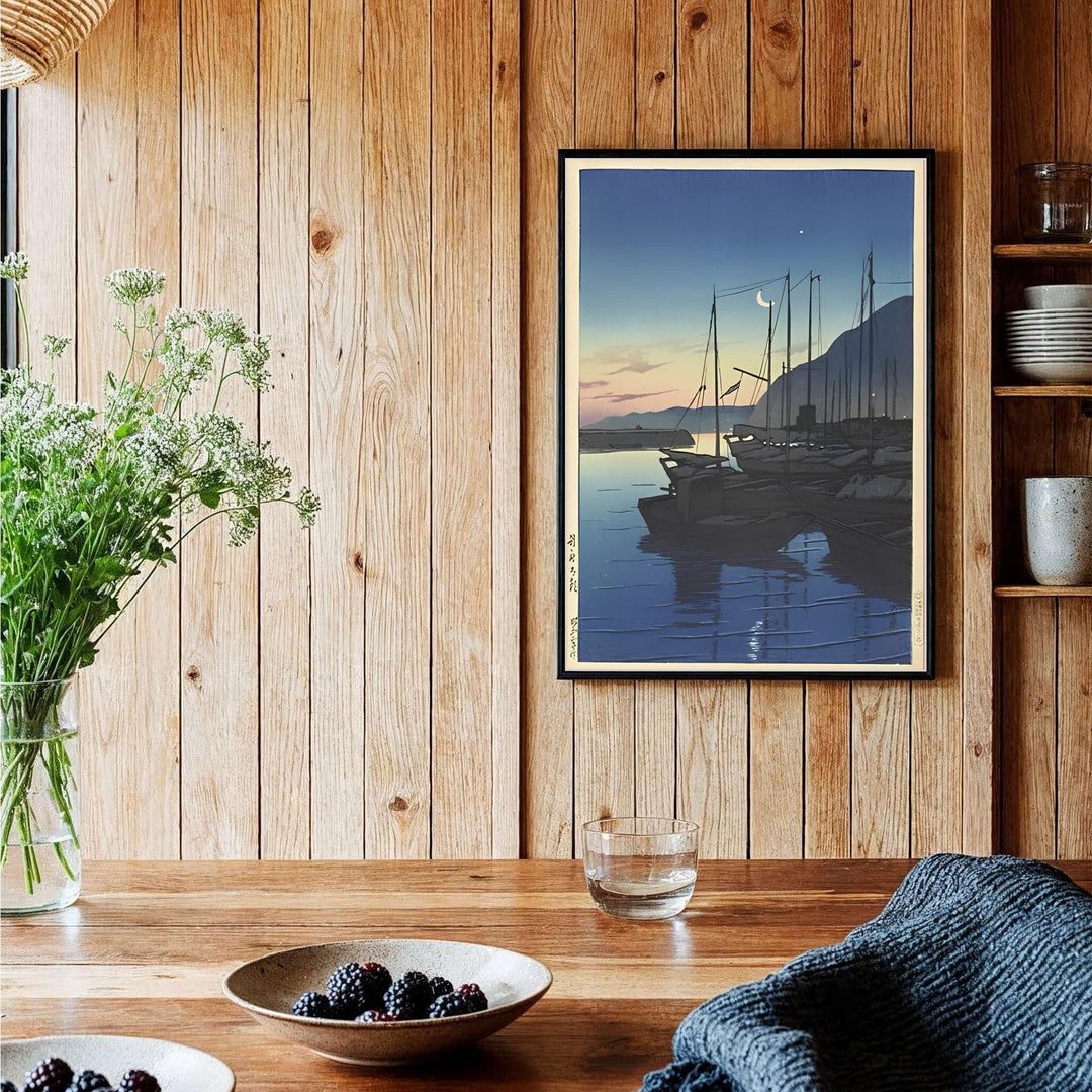 Authentic Japanese Shin-hanga print Morning in Beppu artwork by artist Kawase Hasui referencing historic port views at Morning in Beppu. Order custom framed, unframed paper, or textured canvas print options from MapYourDreams.