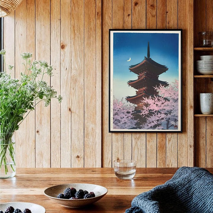 Vintage Japanese architectural poster Spring Evening Ueno by artist Kawase Hasui displaying dark blue twilight sky and moon at Spring Evening Ueno. Shop high-definition framed, unframed, and canvas art print choices at MapYourDreams.