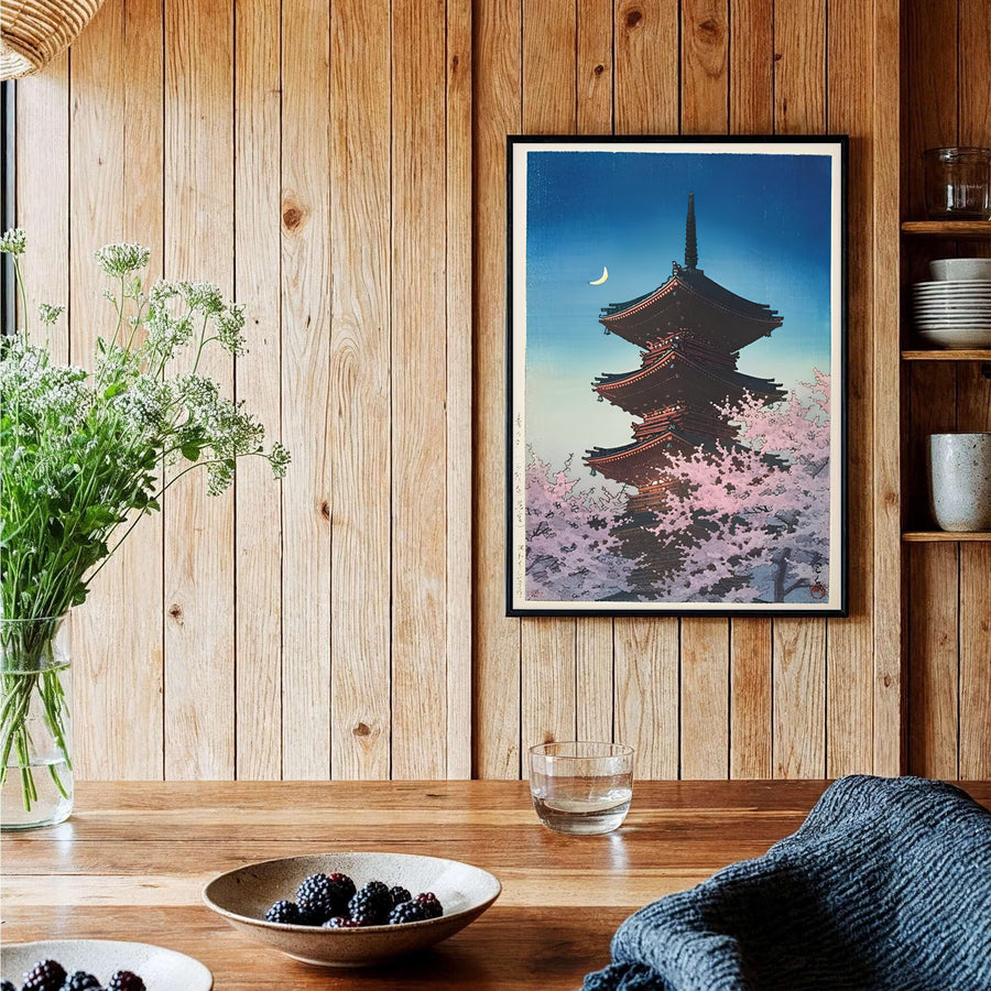 Vintage Japanese architectural poster Spring Evening Ueno by artist Kawase Hasui displaying dark blue twilight sky and moon at Spring Evening Ueno. Shop high-definition framed, unframed, and canvas art print choices at MapYourDreams.