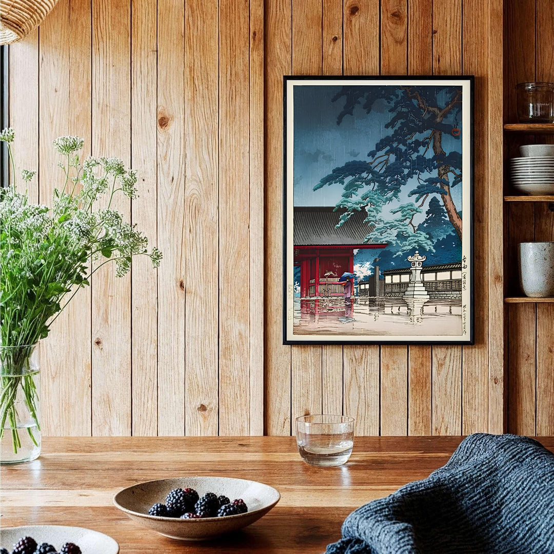Vintage Japanese architectural poster Spring Rain Gokokuji Temple by artist Kawase Hasui displaying indigo rain sky and temple roof at Spring Rain Gokokuji Temple. Shop high-definition framed, unframed, and canvas art print choices at MapYourDreams.