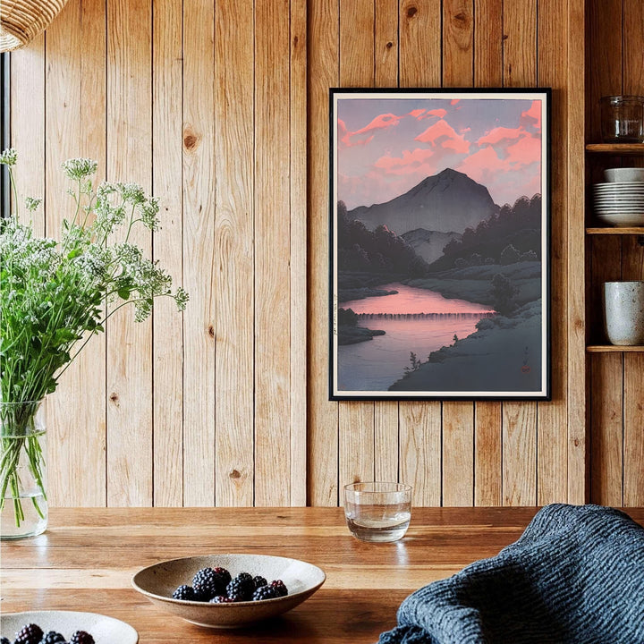 Vintage Japanese natural landscape poster Sunset at Oirase by artist Kawase Hasui displaying coral sunset sky and valley at Sunset at Oirase. Shop high-definition framed, unframed, and canvas art print choices at MapYourDreams.