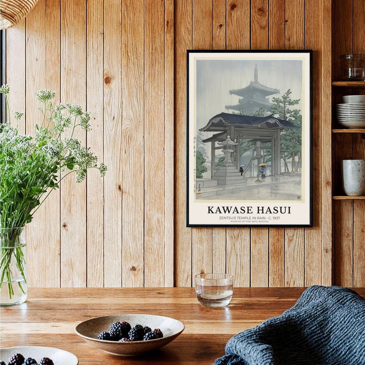 Vintage Japanese architectural poster Zentsuji Temple by artist Kawase Hasui displaying grey rain mist and temple roof at Zentsuji Temple. Shop high-definition framed, unframed, and canvas art print choices at MapYourDreams.