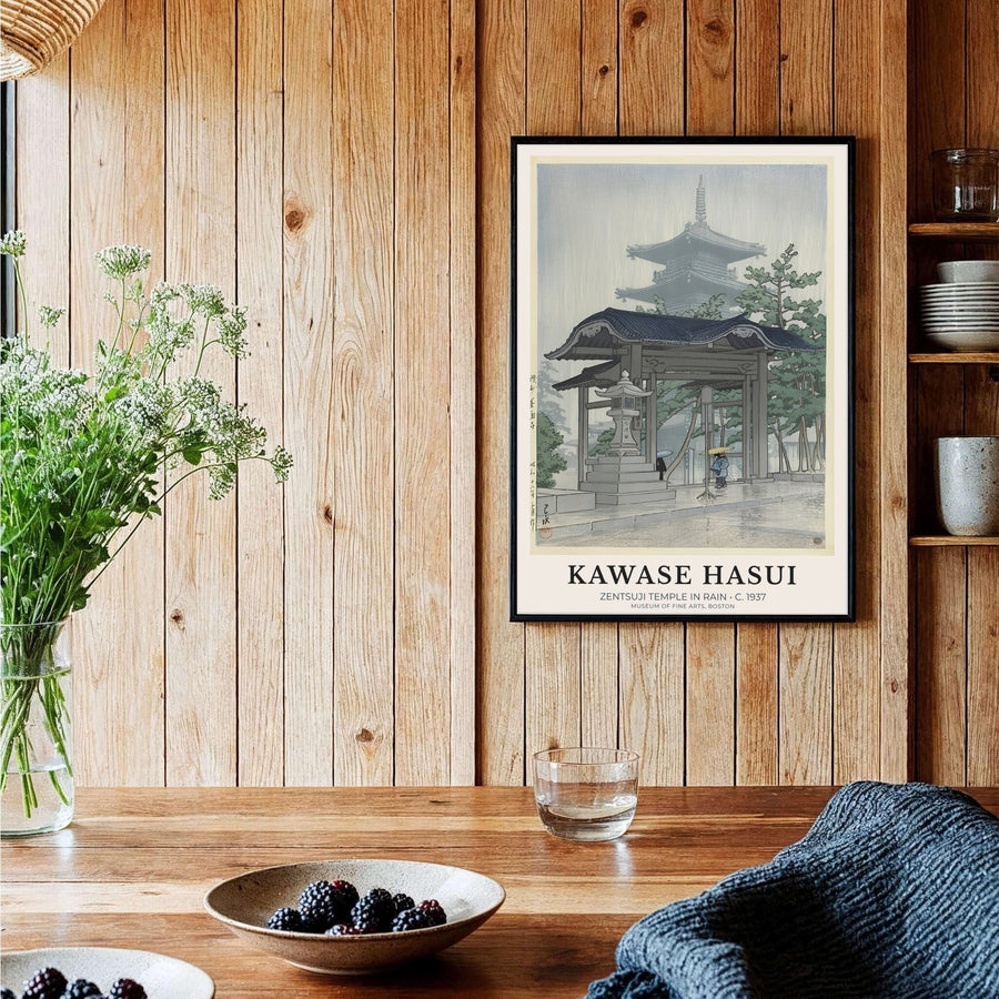 Vintage Japanese architectural poster Zentsuji Temple by artist Kawase Hasui displaying grey rain mist and temple roof at Zentsuji Temple. Shop high-definition framed, unframed, and canvas art print choices at MapYourDreams.