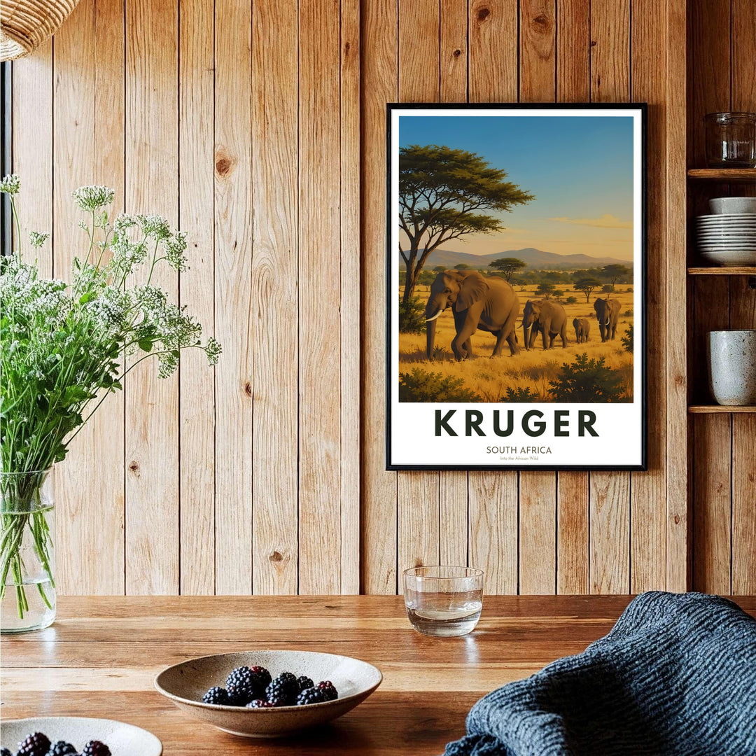 Warm golden hour African safari poster featuring elephants traversing lush grasslands under acacia canopy trees. Offered by MapYourDreams, this artwork is available in flexible options including unframed paper, custom wooden frames, and gallery canvas choices to elevate your interior living space.