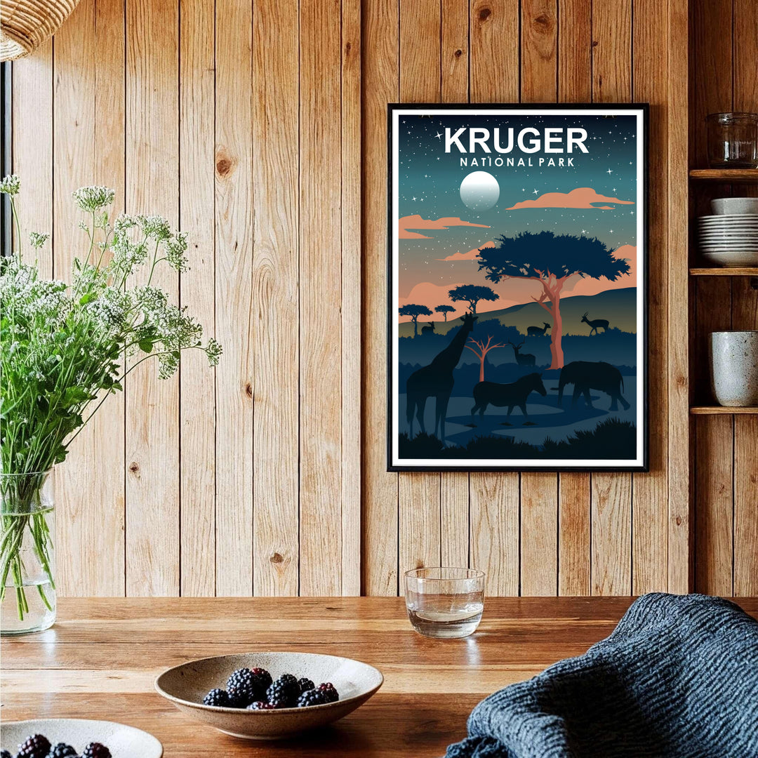 Richly colored South Africa night safari wall art showcasing deep blue twilight tones, glowing moonshine, and peaceful safari animals. Offered by MapYourDreams, this artwork is available in flexible options including unframed paper, custom wooden frames, and gallery canvas wraps for tailored home wall decor setups.