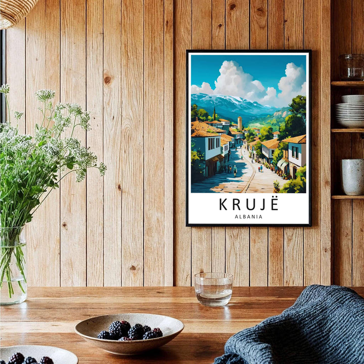 A captivating European travel poster illustrating Krujë Old Bazaar, framed by clean white borders and bold sans-serif cartographic typography. Choose from several presentation options including unframed paper, custom frames, and gallery canvas wraps.