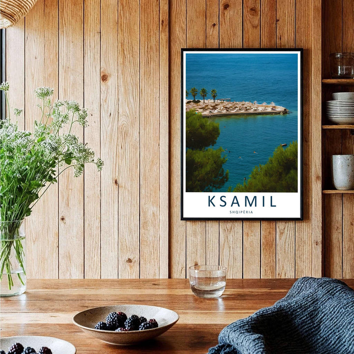 A captivating European travel poster illustrating Ksamil beach resort, framed by clean white borders and bold navy cartographic typography. Choose from several presentation options including unframed paper, custom frames, and gallery canvas wraps.