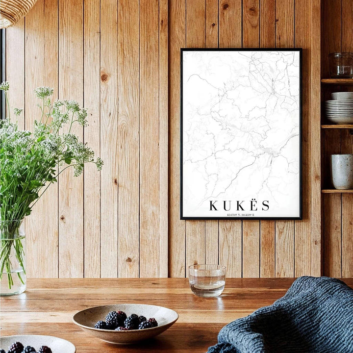 Crisp white contrast and refined typography define this Kukës street map print, showcasing regional highways and mountain trails. MapYourDreams offers this piece printed on archival stock, with options for custom frames or stretched canvas wraps.