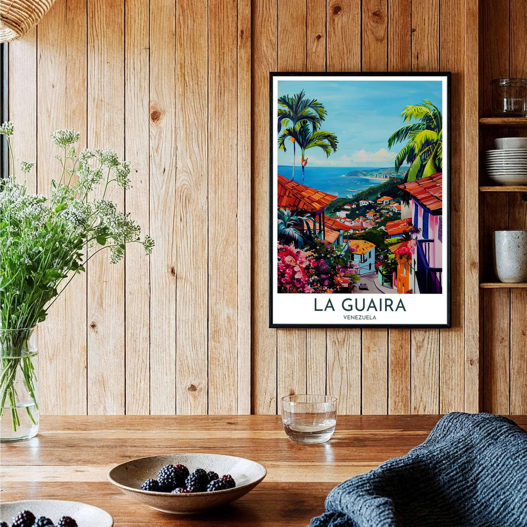 Detailed geography travel poster representing the coastal architecture, tropical flora, and Caribbean port scenery of La Guaira, Venezuela. Brought to you by MapYourDreams, this item can be ordered on archival paper, in custom wooden frames, or wrapped on canvas.