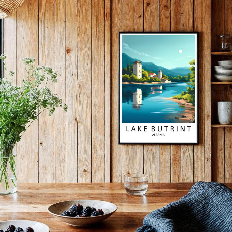 A captivating European travel poster illustrating Lake Butrint, framed by clean white borders and bold sans-serif cartographic typography. Choose from several presentation options including unframed paper, custom frames, and gallery canvas wraps.