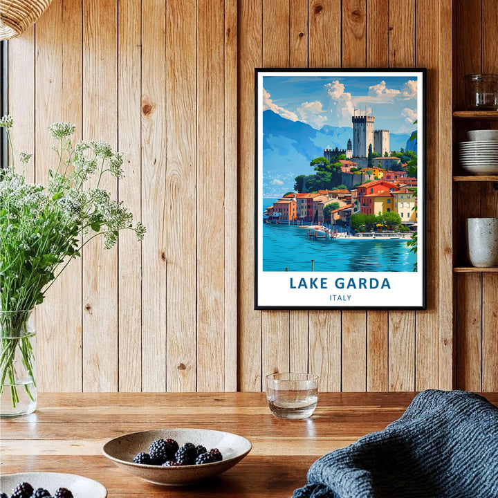 Vintage-style travel illustration of Malcesine Castle on Lake Garda, Italy, with dramatic mountain silhouettes, lush cypress trees, and warm sunlight reflecting on the water; available to purchase as an unframed art poster, gallery-wrapped canvas print, or sleek framed artwork.