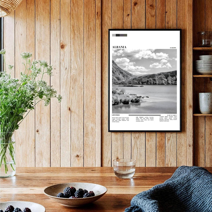 A captivating editorial travel poster illustrating Lake Koman, framed by clean white borders, color swatch accents, and professional typography. Choose from several presentation options including unframed paper, custom frames, and gallery canvas wraps.