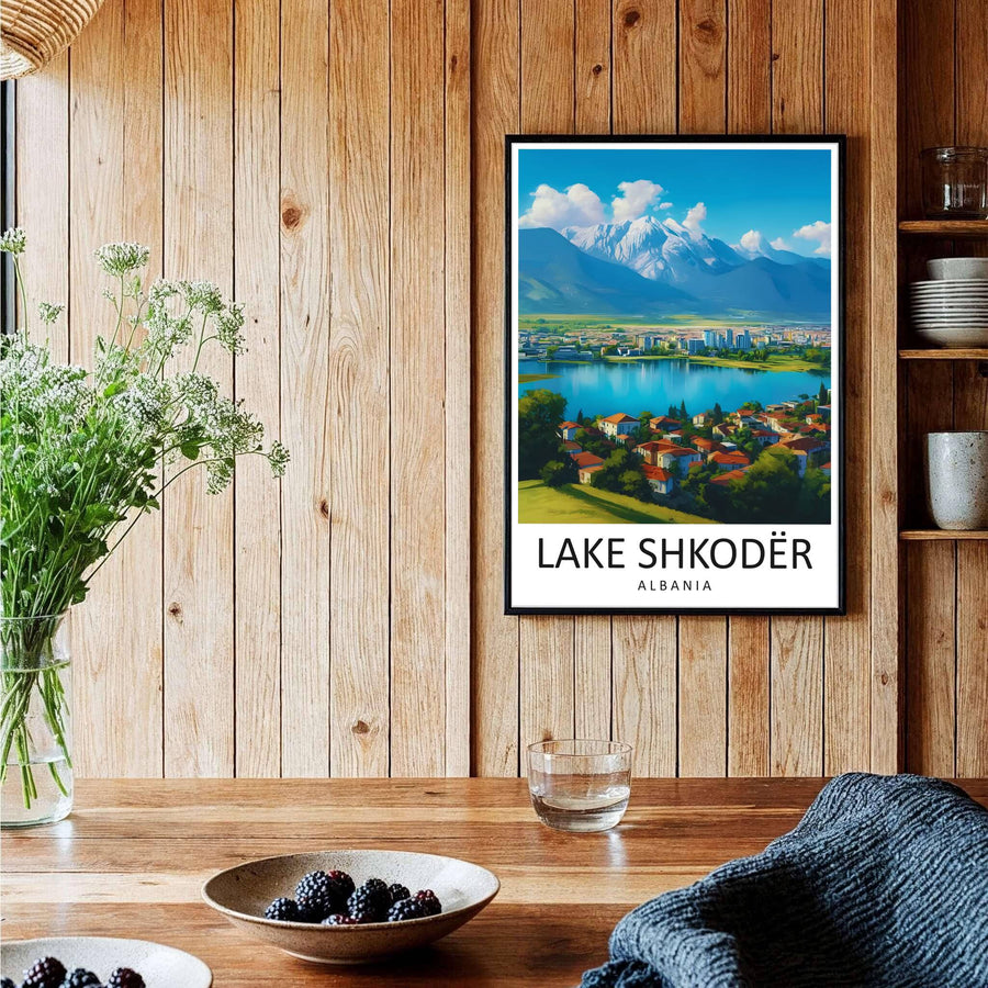 A captivating European travel poster illustrating Lake Shkodër, framed by clean white borders and bold sans-serif cartographic typography. Choose from several presentation options including unframed paper, custom frames, and gallery canvas wraps.