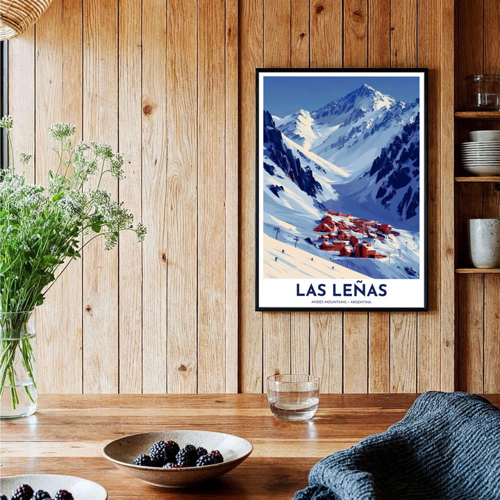 Detailed alpine resort poster representing the winter skiing culture and snow-covered peaks of Mendoza, Argentina. Brought to you by MapYourDreams, this item can be ordered on archival paper, in custom wooden frames, or wrapped on canvas.