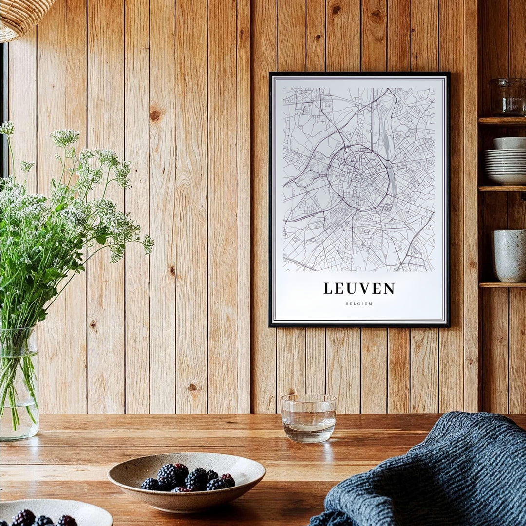 Elegant black and white street map print highlighting the medieval ring road across Leuven, Belgium. Offered by MapYourDreams, this artwork is available in flexible options including unframed paper, custom wooden frames, and gallery canvas wraps.