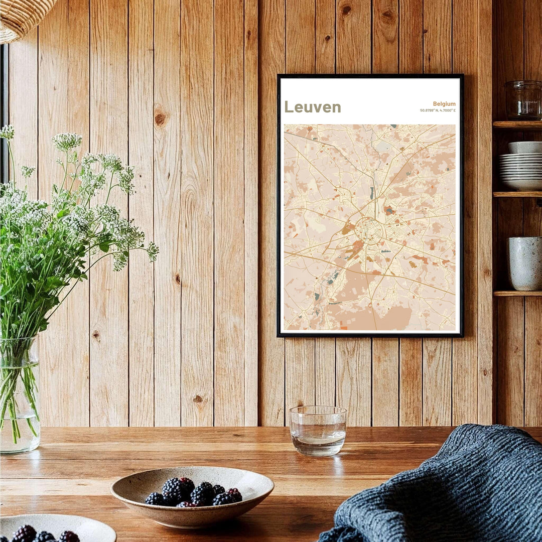 Elegant beige and clay street map print highlighting the medieval ring road across Leuven, Belgium. Offered by MapYourDreams, this artwork is available in flexible options including unframed paper, custom wooden frames, and gallery canvas wraps.