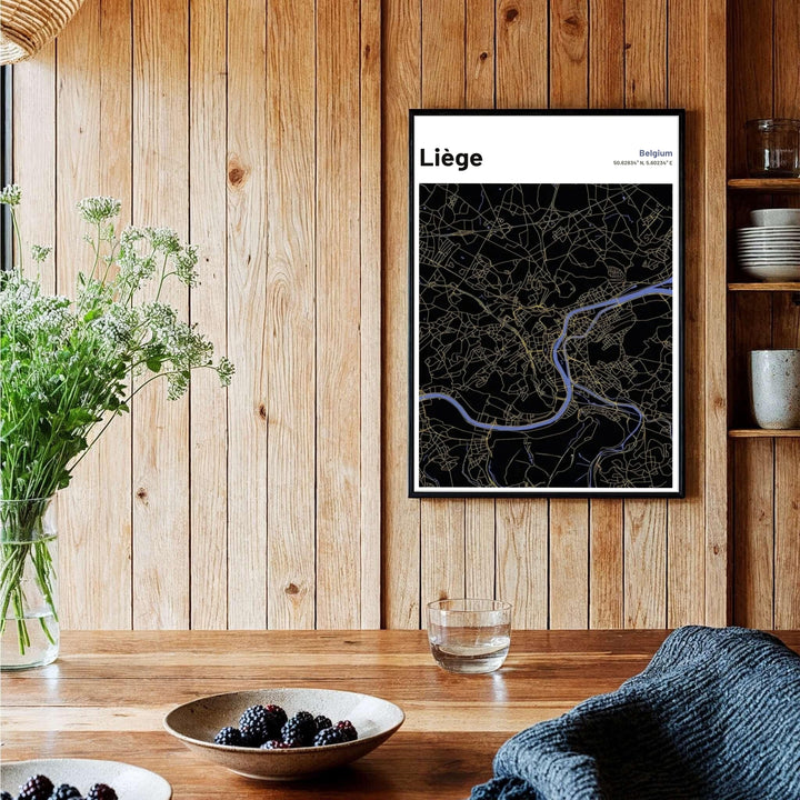 Elegant black and gold street map print highlighting the urban lanes across Liège, Belgium. Offered by MapYourDreams, this artwork is available in flexible options including unframed paper, custom wooden frames, and gallery canvas wraps.