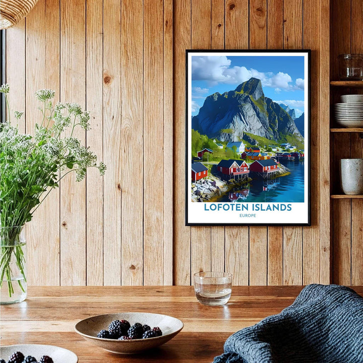 Symmetrical travel art print of historic Hamnoy in Lofoten showing red timber fishing huts, stilt piers, and Mount Olstinden. Curated by MapYourDreams, this artwork is available in flexible options including unframed paper, custom wooden frames, and gallery canvas wraps tailored for interior design.