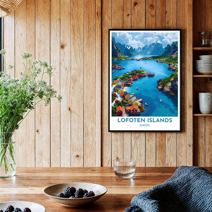 Symmetrical travel art print of historic Henningsvaer in Lofoten showing red timber fishing huts, wooden piers, and calm sea reflections. Curated by MapYourDreams, this artwork is available in flexible options including unframed paper, custom wooden frames, and gallery canvas wraps tailored for interior design.