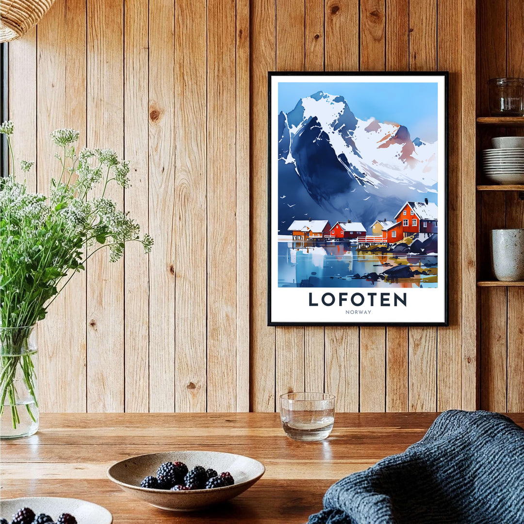 Modern Scandinavian travel print featuring clean typography for Lofoten Norway with a scenic watercolor mountain landscape. Perfect for minimalist room layouts, choose from custom framed presentation options, unframed fine art paper prints, or premium canvas wraps to complete your gallery wall.