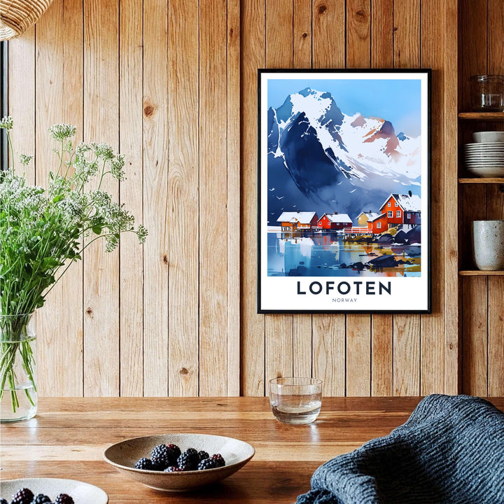 Modern Scandinavian travel print featuring clean typography for Lofoten Norway with a scenic watercolor mountain landscape. Perfect for minimalist room layouts, choose from custom framed presentation options, unframed fine art paper prints, or premium canvas wraps to complete your gallery wall.