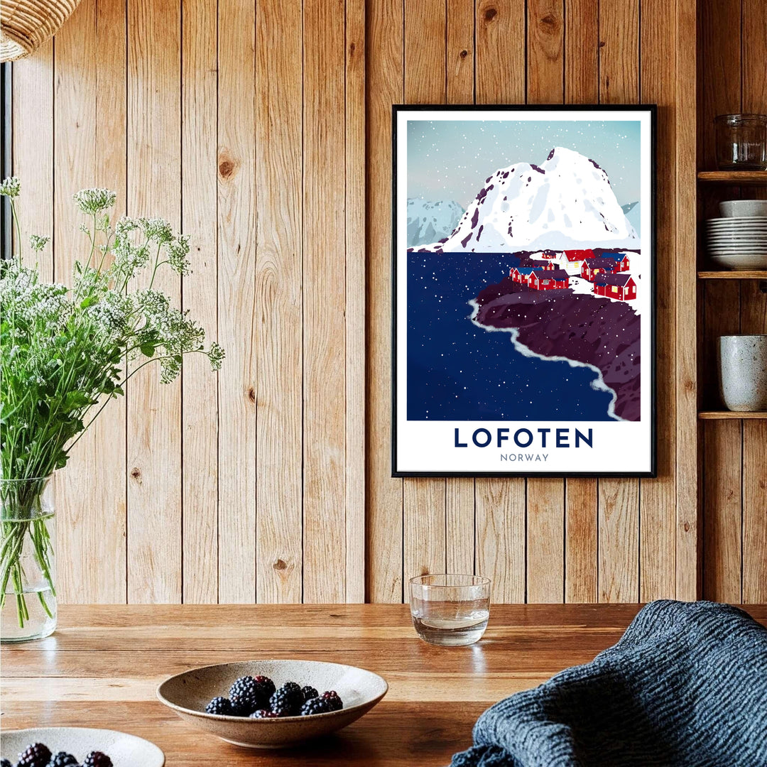 Clean Scandinavian travel print featuring sharp typography for Lofoten Norway with a graphic winter mountain and fjord landscape. Perfect for modern room layouts, choose from custom framed presentation options, unframed fine art paper prints, or premium canvas wraps to complete your gallery wall.
