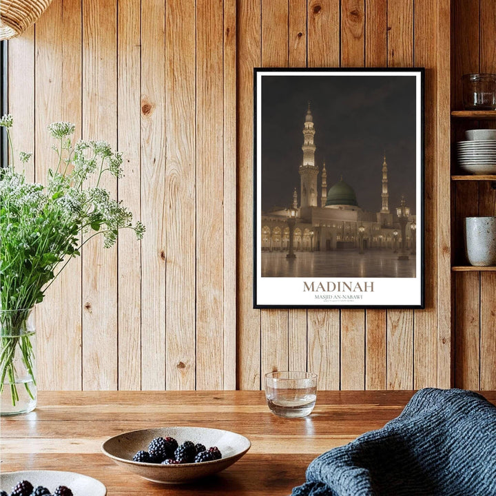 Symmetrical night photography print of historic Al Masjid an Nabawi showing glowing street lamps and tall illuminated minarets. Curated by MapYourDreams, this artwork is available in flexible options including unframed paper, custom wooden frames, and gallery canvas wraps tailored for interior design.